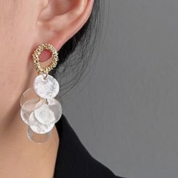 Gold & White Circle Shell Tassel Earrings - Picture 1 of 2